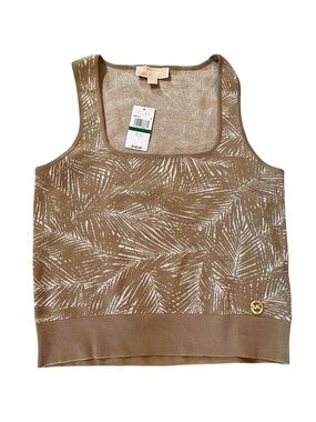 NEW Michael Kors Tan and White Palm-Print Knit Tank. LARGE. TAGS ON